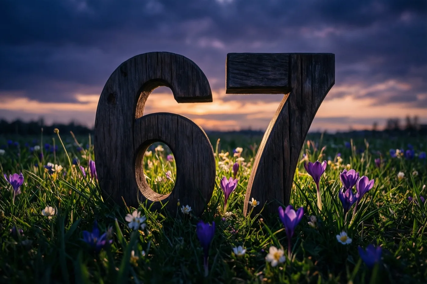 Houten cijfers vormen 67 in een grasweide met paarse en witte lentebloemen onder een opvallende schemerhemel in paars en oranje.