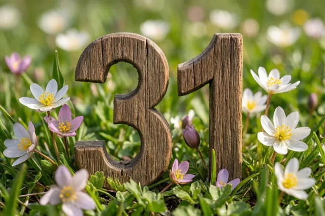 Houten cijfers 31 staan in een zonnige grasweide met witte en roze lentebloemen.