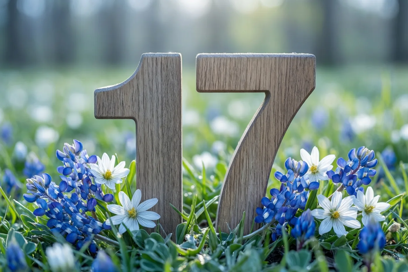 Houten cijfers 17 staan tussen blauwe en witte lentebloemen in een grasweide in helder zonlicht.