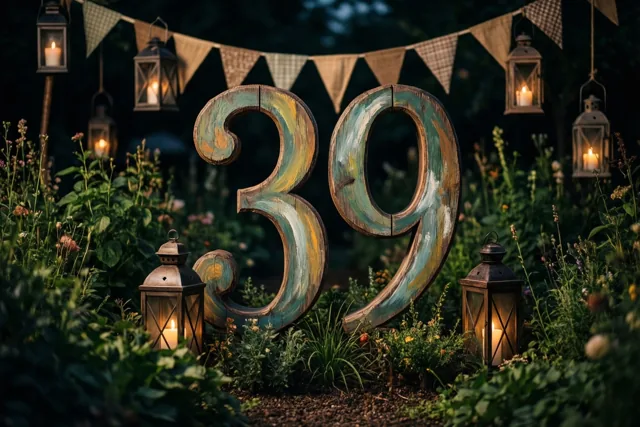 Grote geschilderde houten cijfers vormen 39 in een groene tuin bij schemering, tussen brandende lampionnen en vlaggenlijnen.