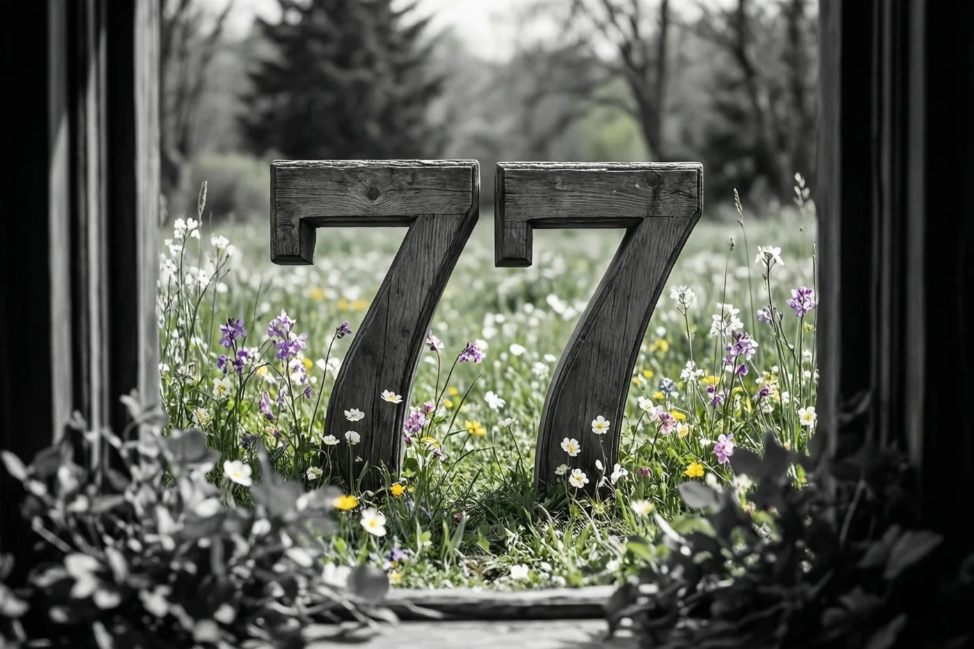 Twee houten zevens staan tussen kleurrijke lentebloemen, gezien door een raamkozijn, met een zwart-witte achtergrond.