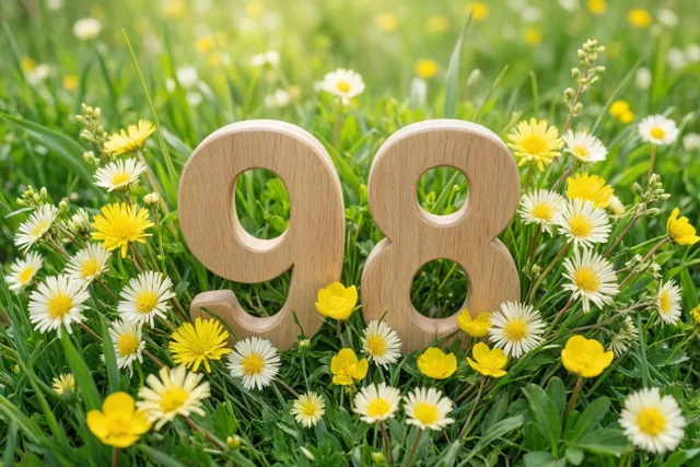 Houten cijfers 98 staan in een zonnige weide met groen gras en gele en witte madeliefjes.
