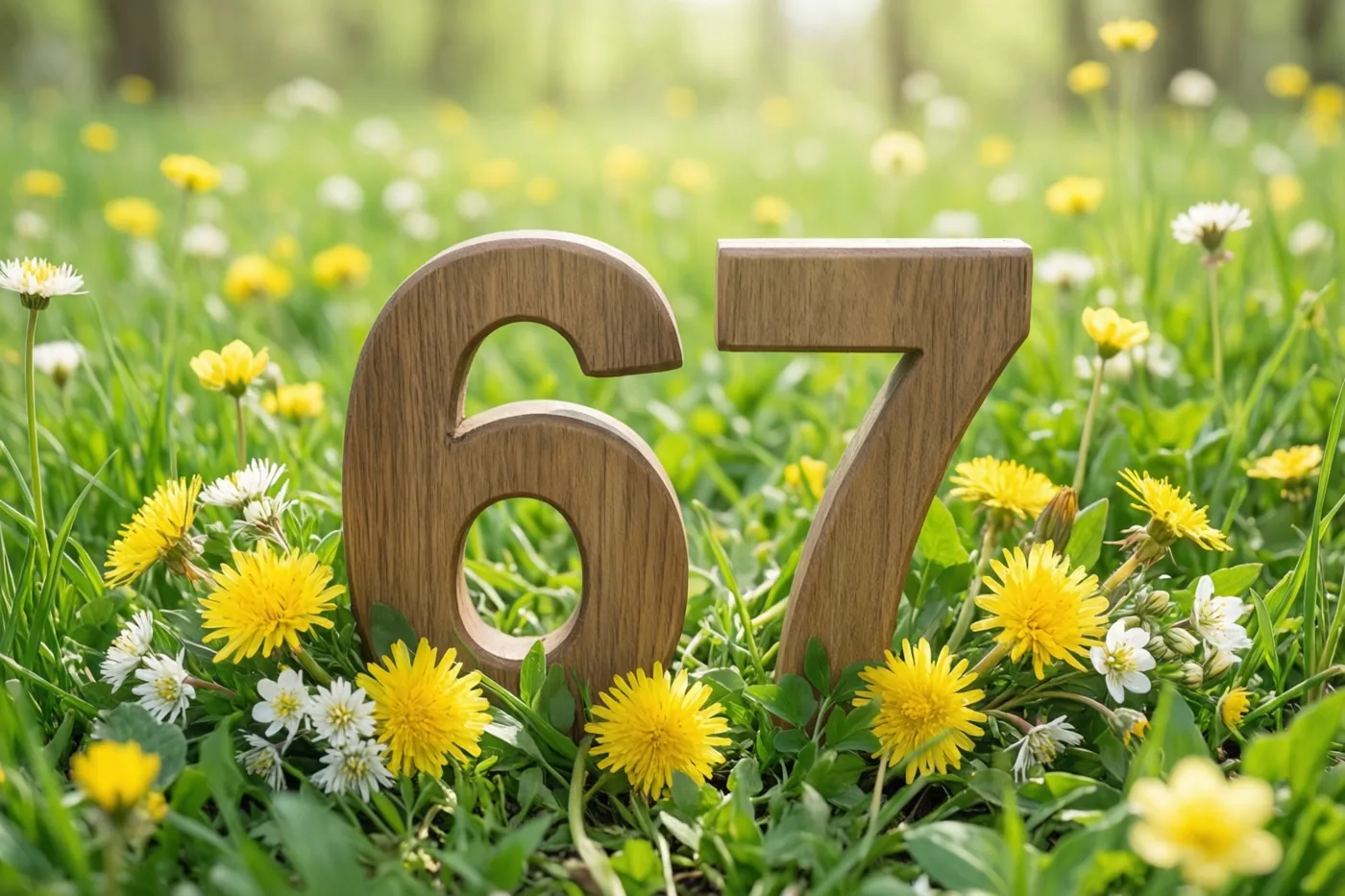 Houten cijfers vormen 67 in een felgroene weide met gele paardenbloemen en witte bloemen onder helder zonlicht.