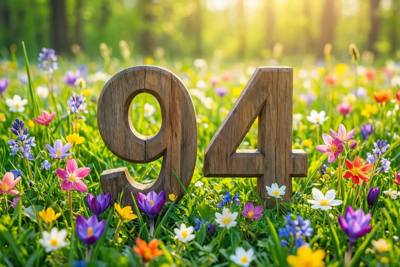 Houten cijfers vormen 94 in een weide met kleurrijke lentebloemen en warm zonlicht, tegen een zacht vervaagde groene achtergrond.