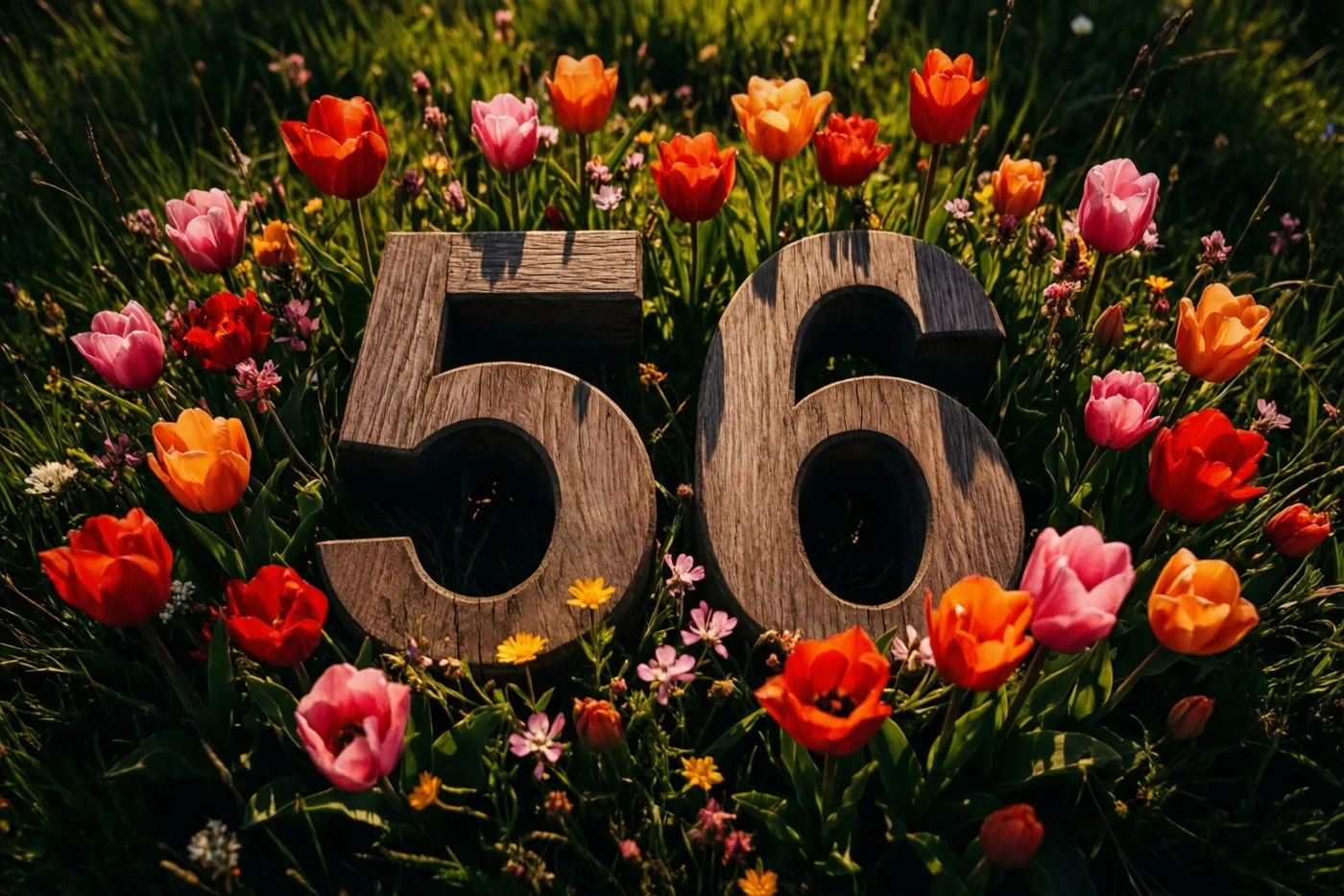 Houten cijfers vormen 56 in een zonnige weide met lentebloemen, in een beeld met veel rood, oranje en roze.