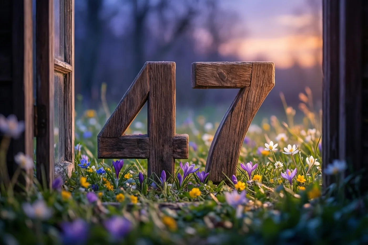 Houten cijfers vormen 47 in een weide met krokussen en madeliefjes, in goudkleurig zonlicht met onscherpe bomen en lucht op de achtergrond.