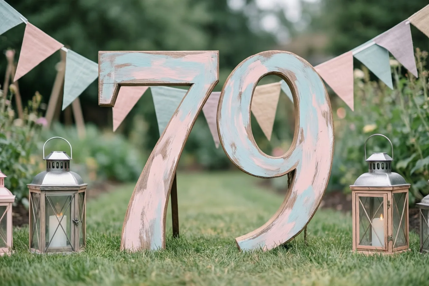 Een groot geschilderd houten getal 79 staat op het gras tussen lantaarns en onder een slinger met vlaggetjes in zachte pasteltinten.