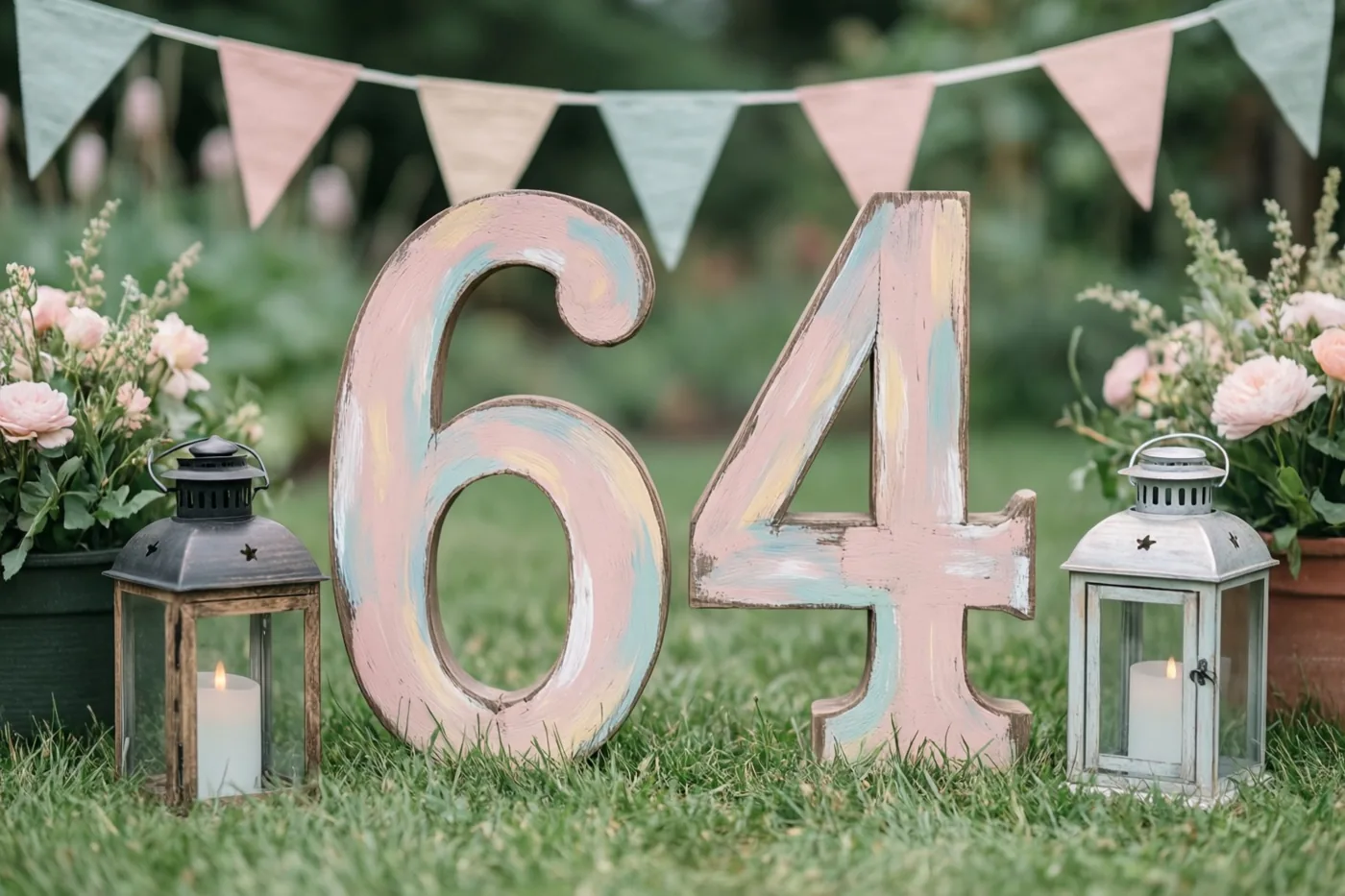 Een groot geschilderd houten getal 64 staat op groen gras tussen twee brandende lantaarns en potten met roze bloemen, onder een slinger pastelvlaggetjes.