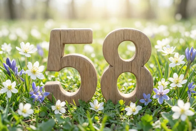 Houten cijfers vormen 58 in een zonnige grasweide met witte en paarse lentebloemen en een onscherpe achtergrond.