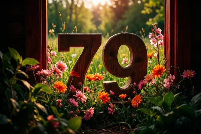 Houten cijfers die samen 79 vormen staan in een zonnige weide tussen groene bladeren en roze en oranje lentebloemen.