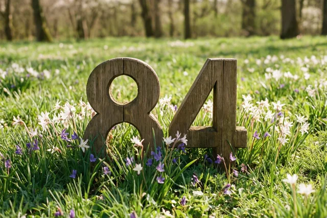 Houten cijfers 84 staan rechtop in een zonnige weide met groen gras en kleine witte en paarse lentebloemen.