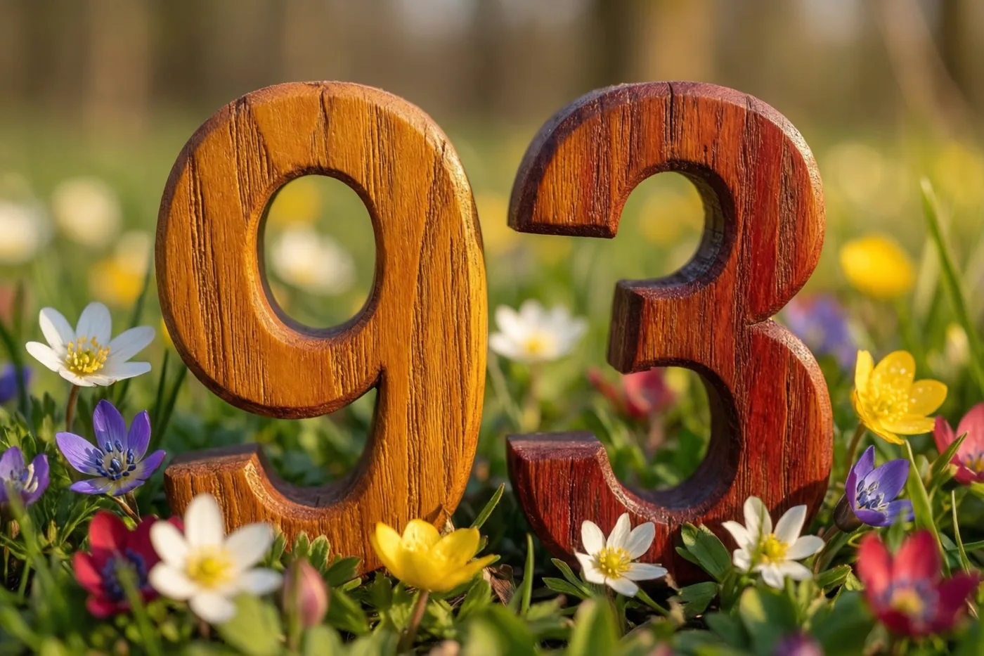 Houten cijfers vormen 93 in een zonnige weide met lentebloemen in groene, gele en witte tinten.