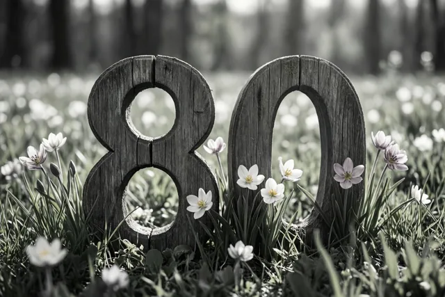 Op een zwart-witfoto staan houten cijfers die samen 80 vormen in een grasweide met kleine lentebloemen, met een onscherpe achtergrond.