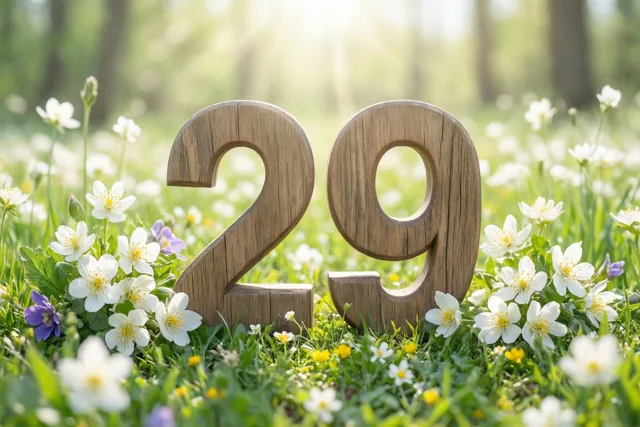 Houten cijfers 29 staan rechtop in een zonnige weide met witte en gele lentebloemen.