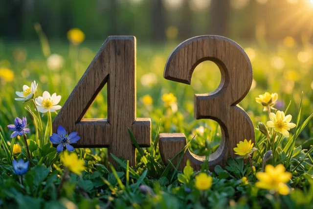 Houten cijfers vormen 43 in een grasweide vol lentebloemen, in warm zonlicht met een onscherpe achtergrond.