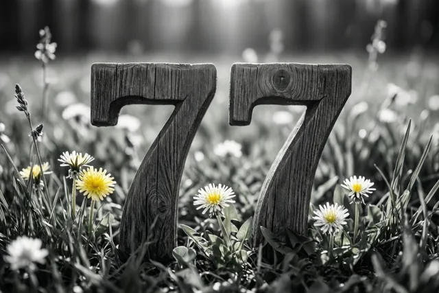 Twee houten zevens staan in een grasweide met paardenbloemen, in zwart-wit met geel gekleurde bloemharten.
