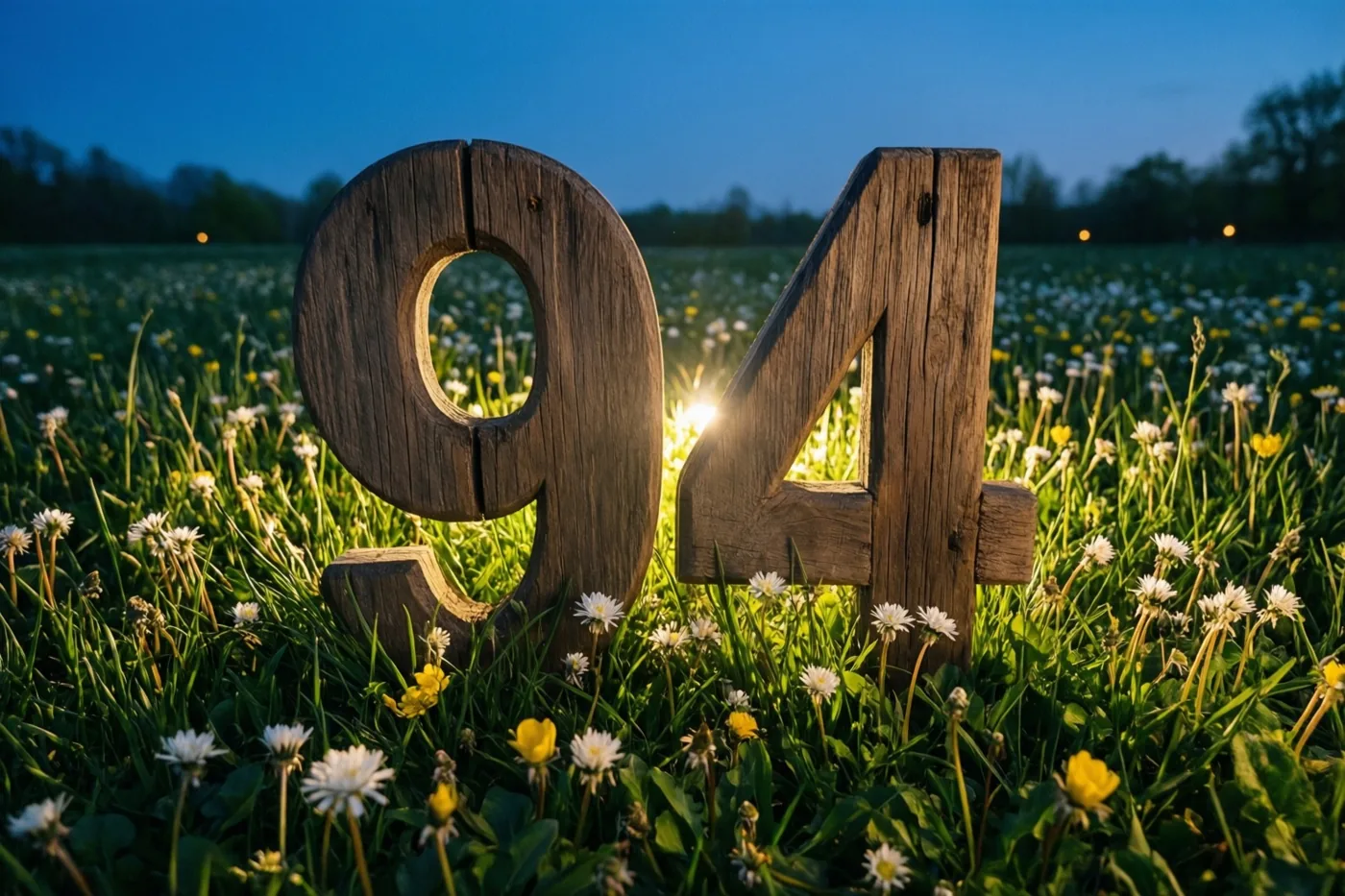 Houten cijfers vormen 94 tussen witte en gele paardenbloemen in een weide onder een diepblauwe schemerlucht, met warm tegenlicht op het gras.
