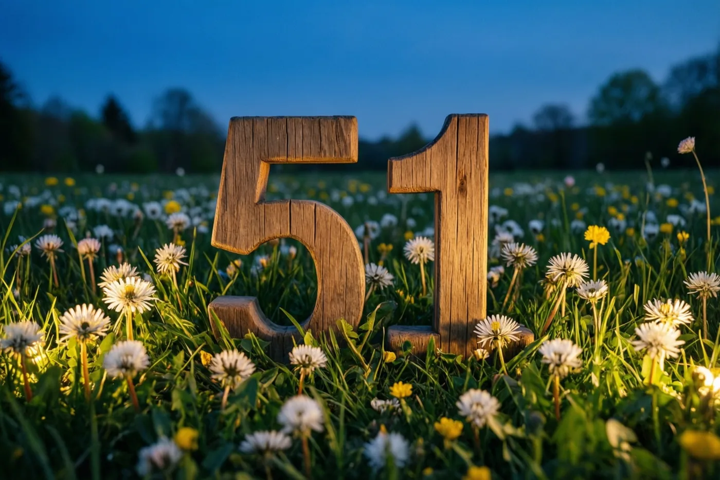 Houten cijfers 51 staan in een weide met paardenbloemen en andere lentebloemen onder een diepblauwe schemerlucht, terwijl warm zonlicht op het gras valt.