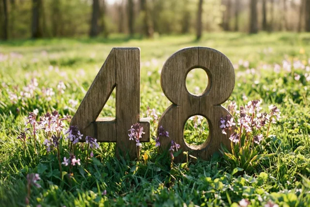Houten cijfers vormen 48 in een zonnige grasweide met kleine paarse bloemen en een onscherp bos op de achtergrond.