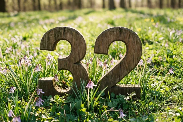 Houten cijfers 32 staan rechtop in een zonnige grasweide met kleine paarse bloemen.