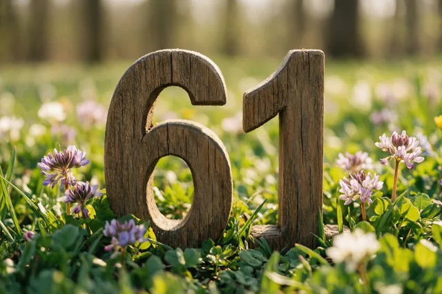 Houten cijfers 61 staan in een zonnige grasweide met kleine paarse en witte bloemen en onscherpe bomen op de achtergrond.