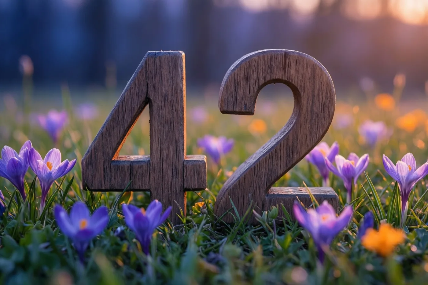Houten cijfers vormen 42 in een grasweide vol paarse krokussen in warm goudkleurig zonlicht tegen een onscherpe achtergrond.