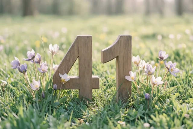 Houten cijfers vormen 41 in een zonnige grasweide met kleine paarse en witte lentebloemen tegen onscherp groen.