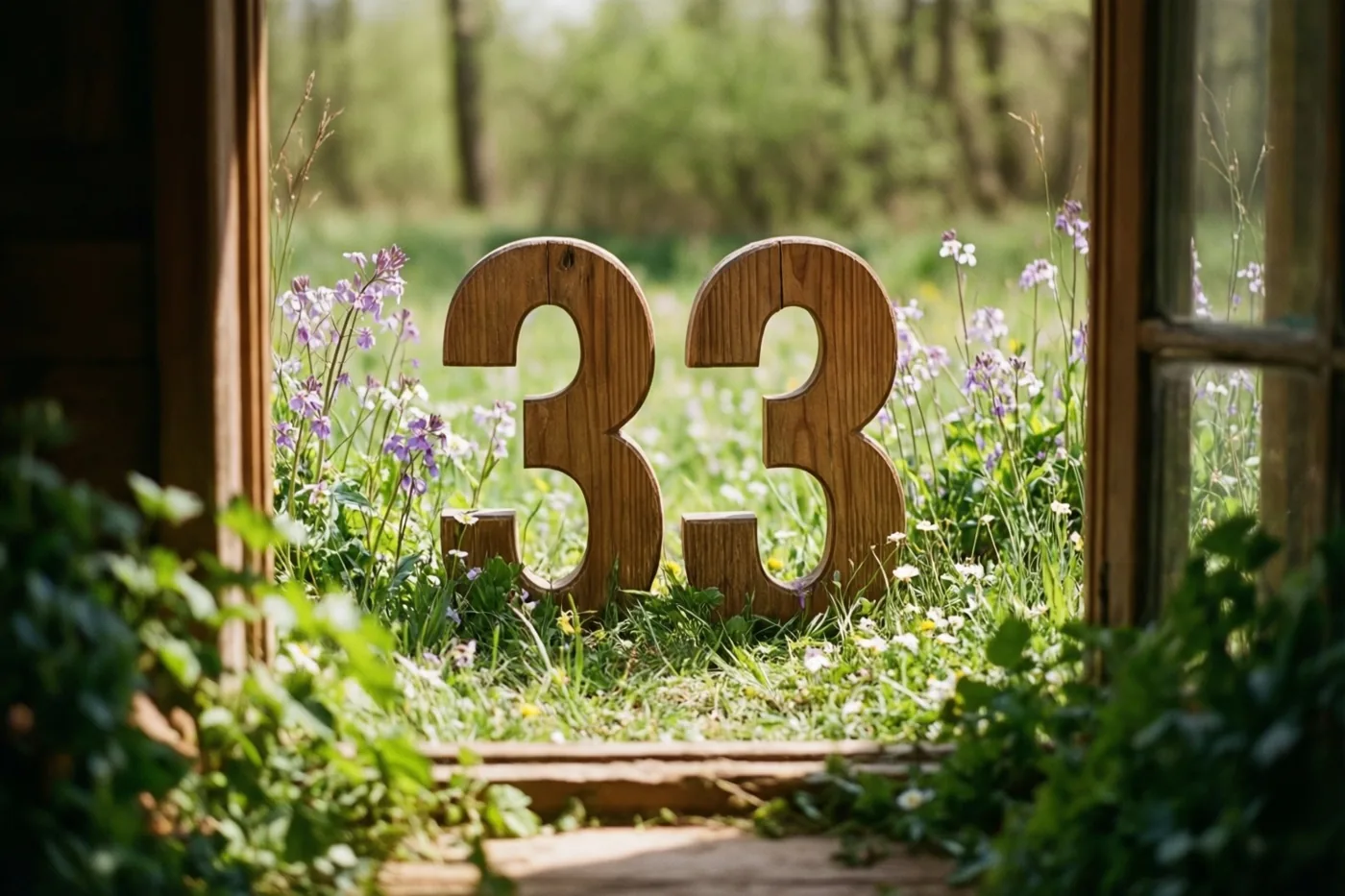 Door een open raamkozijn zijn houten cijfers te zien die samen 33 vormen in een zonnige weide met groen gras en paarse veldbloemen.