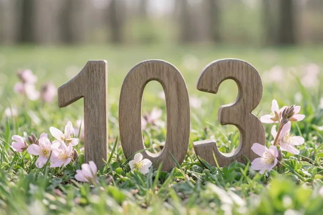 Houten cijfers vormen 103 in een zonnige grasweide met kleine roze en witte bloemen en onscherpe bomen op de achtergrond.