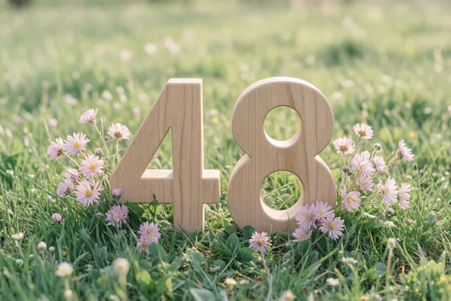 Houten cijfers vormen 48 in een grasweide met kleine roze bloemen in fel zonlicht.
