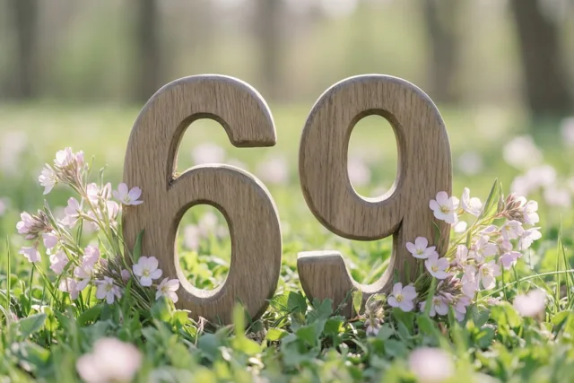 Houten cijfers in de vorm van 69 staan rechtop in een zonnige grasweide met kleine roze en witte bloemen in zachte groene en pasteltinten.