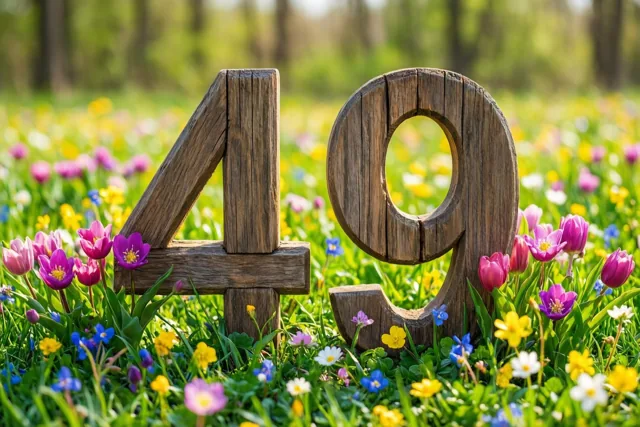 Houten cijfers 49 staan in een zonnige weide met paarse tulpen en gele en blauwe veldbloemen.