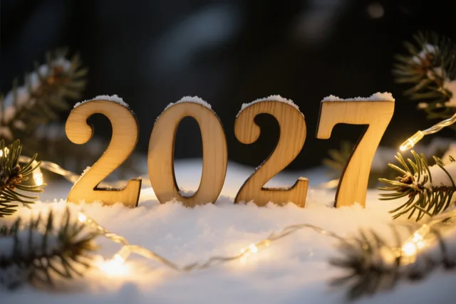 Houten cijfers vormen 2027 in verse sneeuw tussen dennentakken en gloeiende lichtjes tegen een donkere achtergrond.