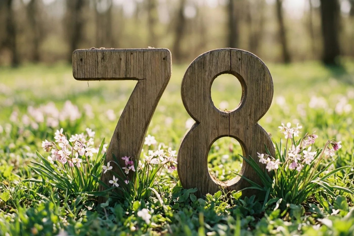 Een houten 7 en 8 staan in een zonnige grasweide met kleine roze en witte bloemen en een onscherp bos op de achtergrond.