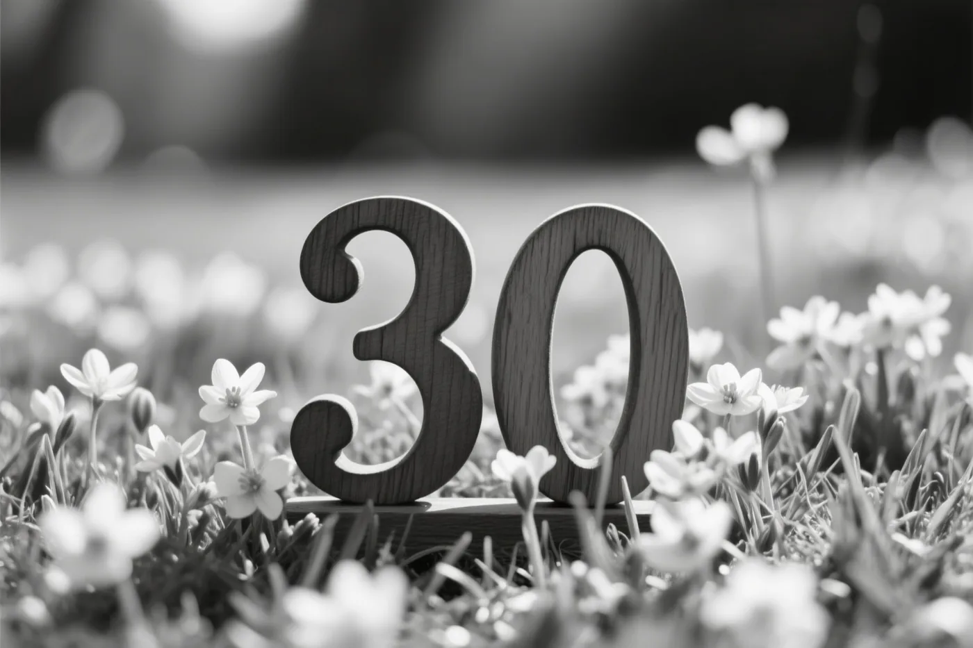 Een zwart-witfoto toont houten cijfers 30 in een grasweide met kleine witte lentebloemen.