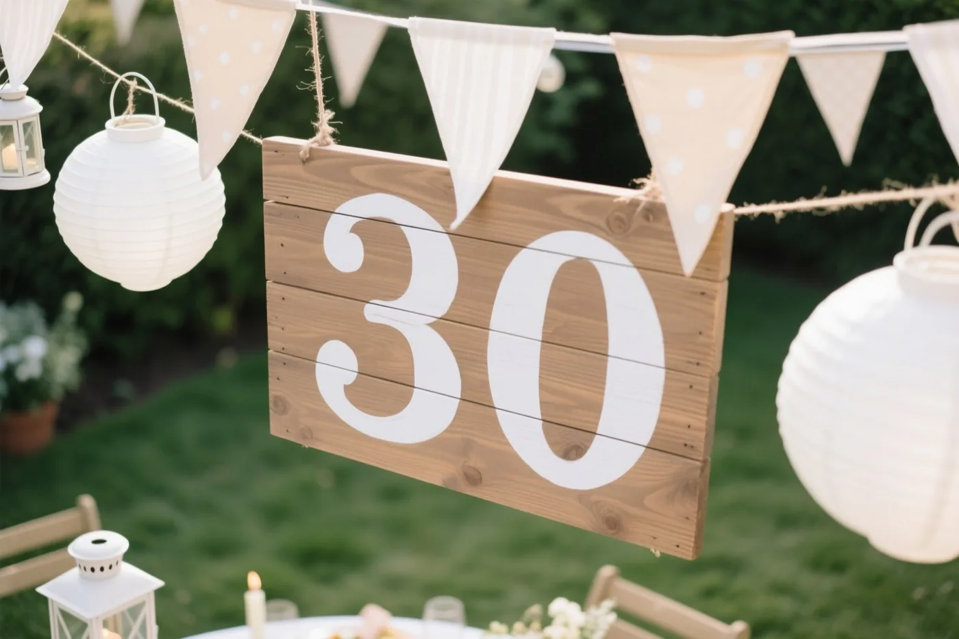 Een houten bord met 30 hangt in een groene tuin tussen vlaggetjes en witte papieren lampionnen in zacht daglicht.