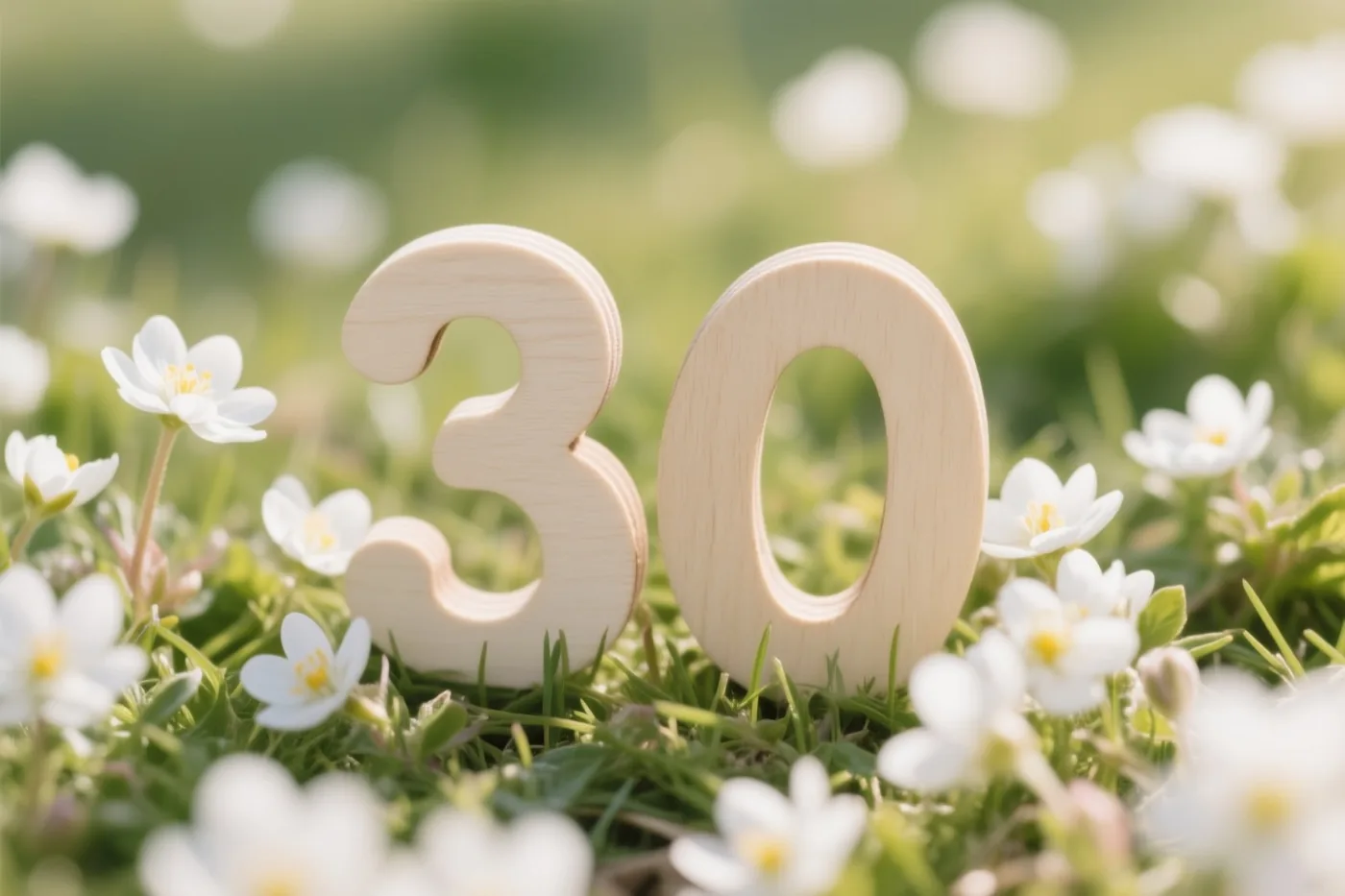 Houten cijfers vormen 30 in een zonnige grasweide vol kleine witte bloemen.