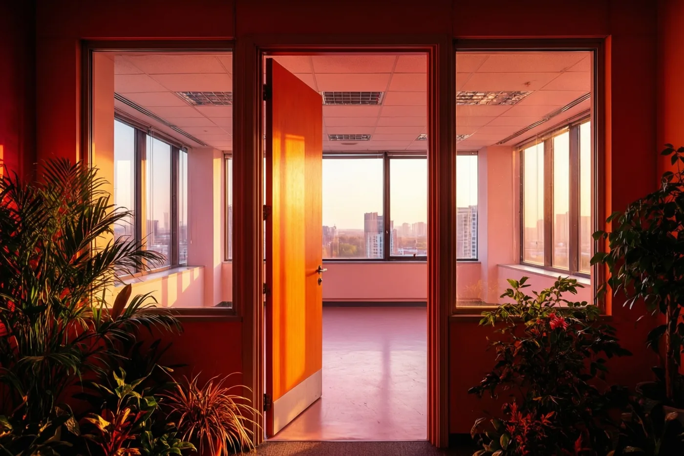 Een open houten deur geeft zicht op een leeg kantoor met grote ramen en stadszicht bij zonsondergang, met potplanten op de voorgrond in oranje-rood licht.
