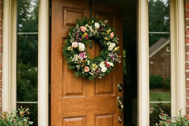 Een houten voordeur met een kleurrijke bloemenkrans staat op een kier naar een donker interieur, omlijst door bakstenen muren en ramen met groen buiten.