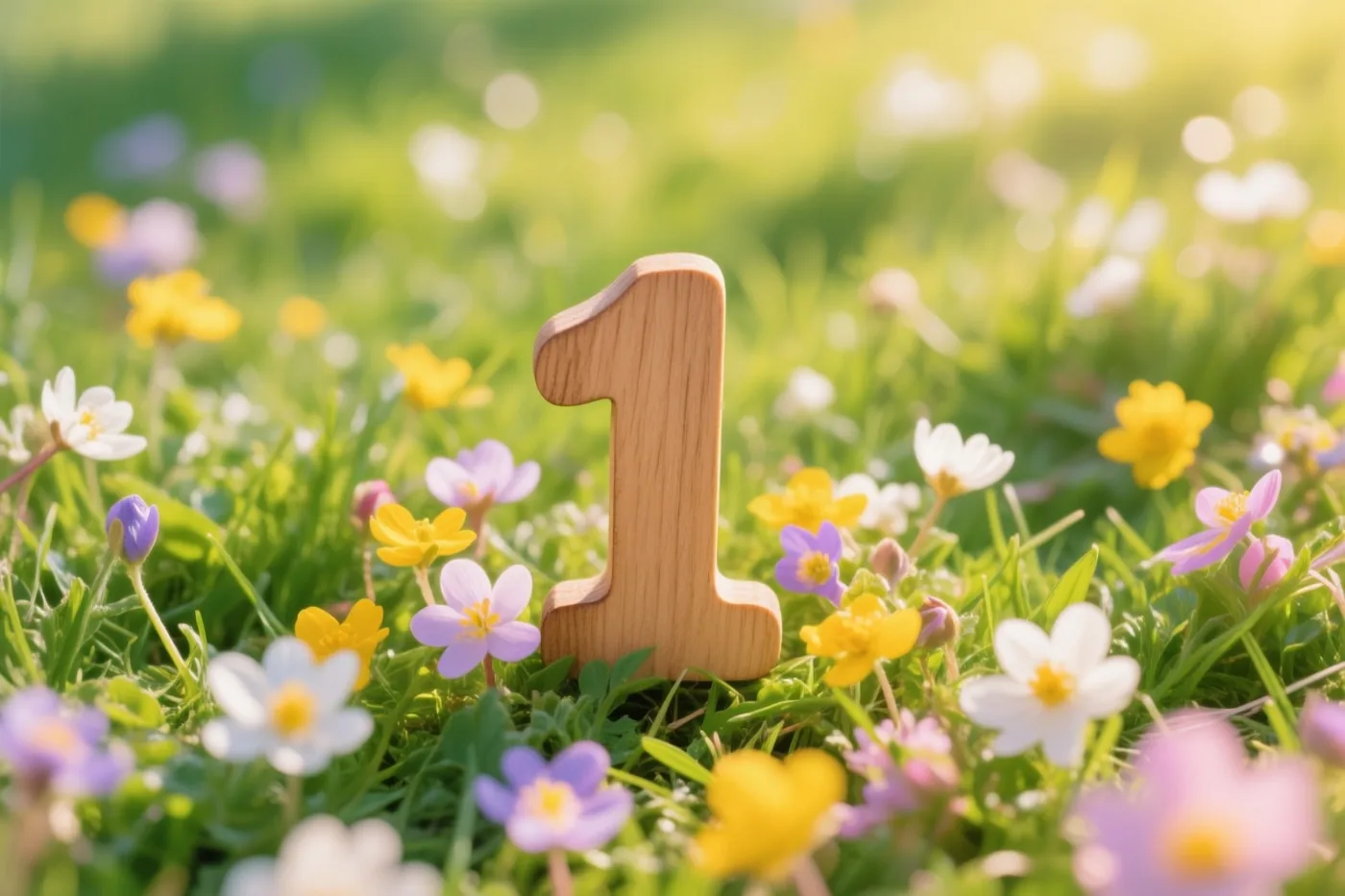 Een houten cijfer 1 staat rechtop in een zonnige weide vol verse lentebloemen.