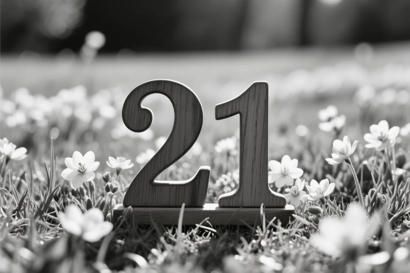 Houten cijfers vormen 21 in een grasweide met kleine lentebloemen op een zwart-witfoto.