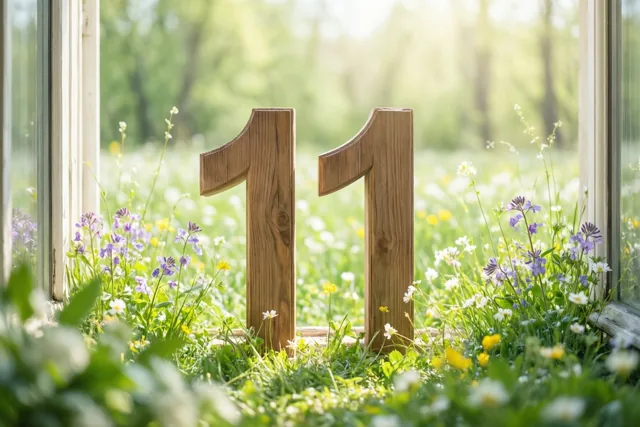 Houten cijfers die 11 vormen staan in een zonnige weide met paarse en gele veldbloemen, met onscherpe bomen op de achtergrond gezien door een raamkozijn.