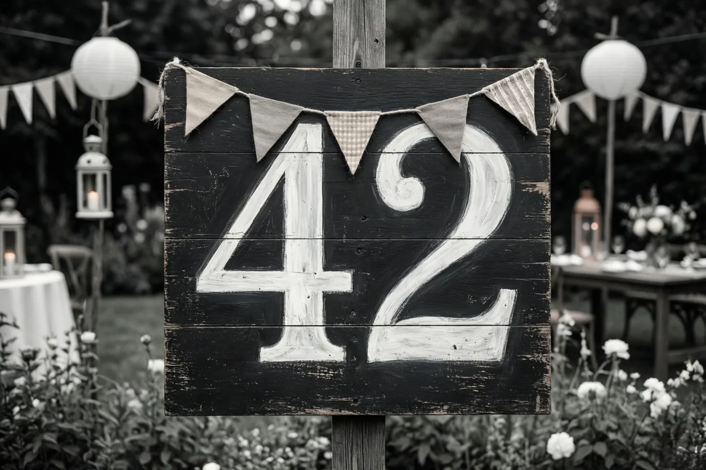 Een zwart-witfoto toont een houten bord met 42 in witte verf en vlaggetjes bovenaan, met lantaarns en tafels op een tuinfeest op de achtergrond.