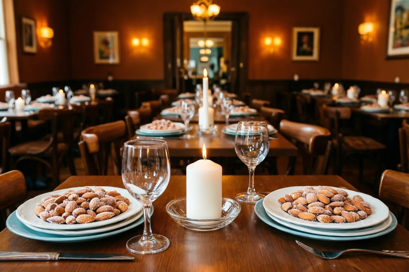 In een warm verlicht bruin café staat een lange houten tafel met witte kaarsen en borden suikeramandelen, met ingelijste kunst aan de muren en meer gedekte tafels op de achtergrond.
