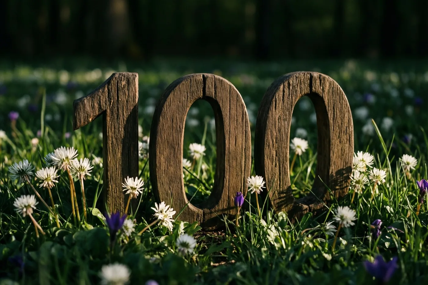 Houten cijfers 100 staan in een zonnige grasweide vol witte en paarse lentebloemen.