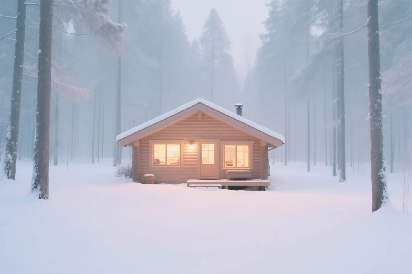 Een houten huisje met verlichte ramen staat tussen hoge besneeuwde bomen in een mistig winterbos met witte en lichtblauwe tinten.
