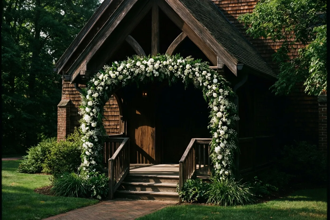 Een houten kerkportaal is versierd met een volle boog van witte bloemen en groene slingers in een zonnige tuin met gras en bomen.
