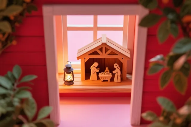 Een houten kerststal met uitgesneden figuren staat op een vensterbank bij een kleine brandende lantaarn, omgeven door rode muren en groen gebladerte.