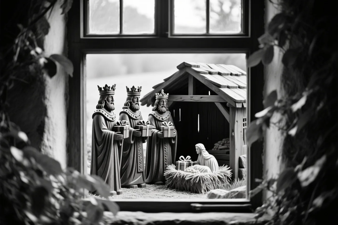Een zwart-witfoto toont door een raam met bladeren op de voorgrond drie houten koningen met geschenken naast een kerststal, waar Maria bij de kribbe knielt.