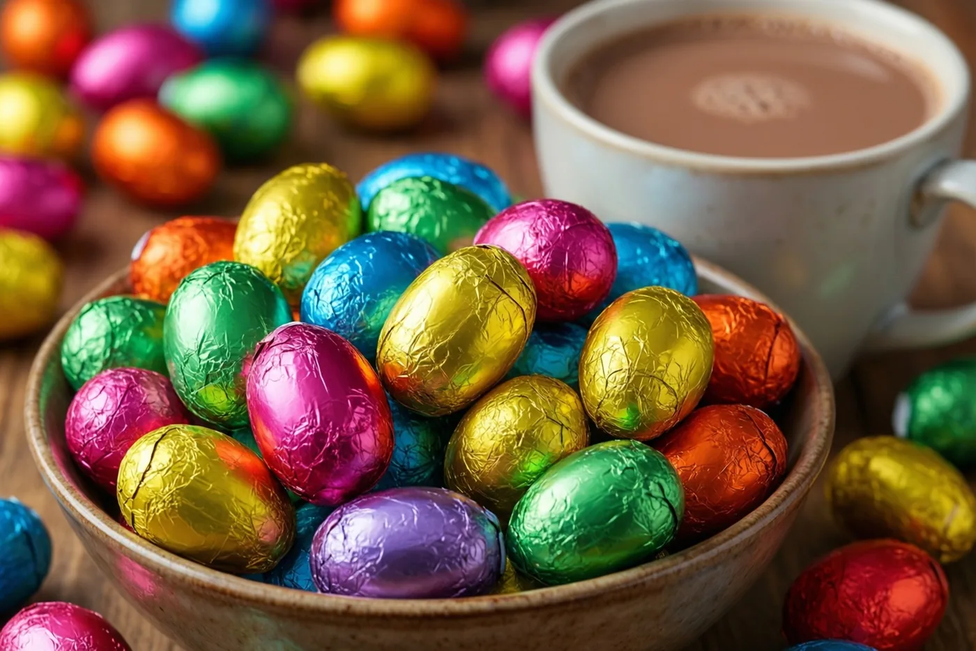 Een houten kom met kleine chocolade-eitjes in kleurrijke folie staat naast een witte mok warme chocolademelk op een houten oppervlak.